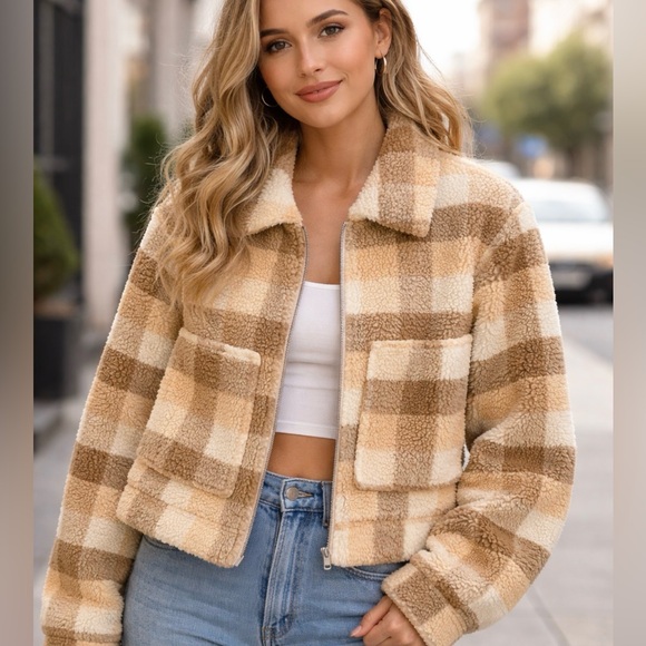 Princess Polly Jackets & Blazers - Princess Polly Doria Plaid Sherpa Cabincore Teddy Jacket